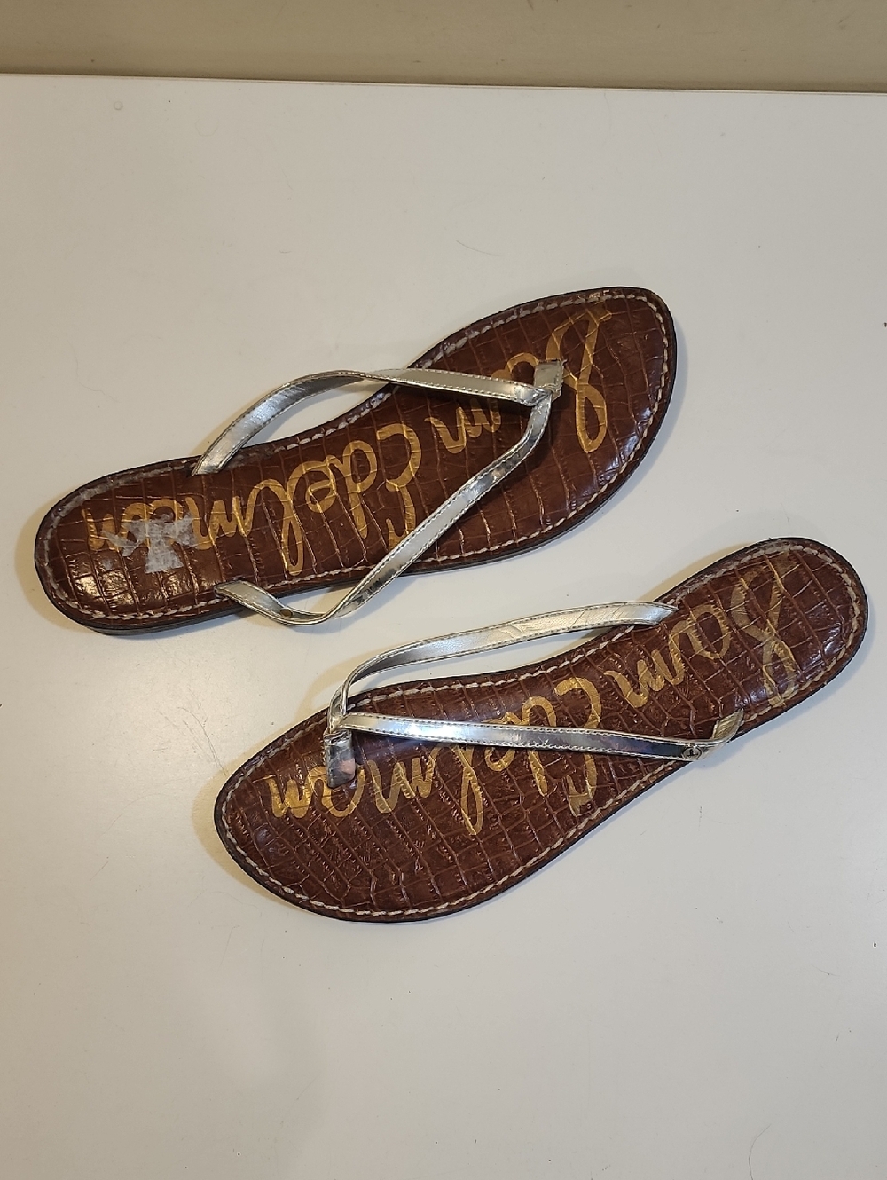Sam Edelman Silver Metallic Thong Sandals - Brown Footbed Sz 11